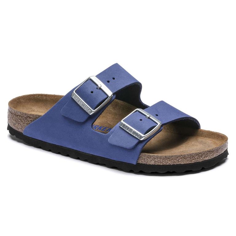 AZURE Blue Birkenstock Arizona Soft Footbed Nubuck Leather Women's Two Strap Sandals | SYQBpywmJLD