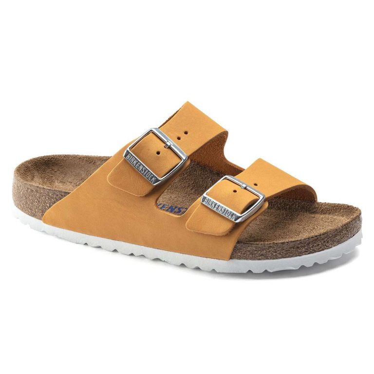 Apricot Birkenstock Arizona Soft Footbed Nubuck Leather Women's Two Strap Sandals | tdMuZqMCK1U