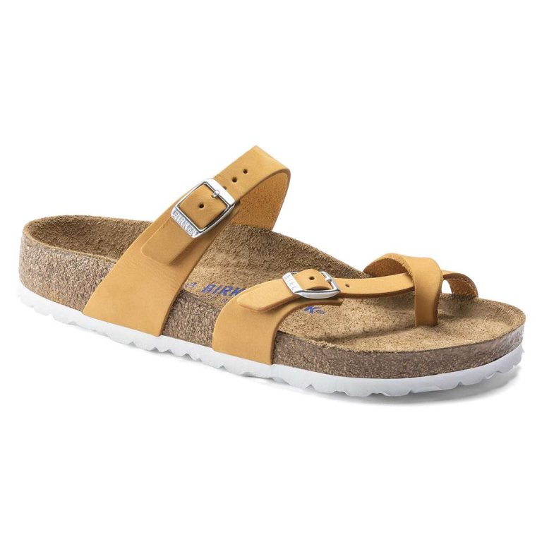 Apricot Birkenstock Mayari Soft Footbed Nubuck Leather Women's Two Strap Sandals | tL8OegAR5ql