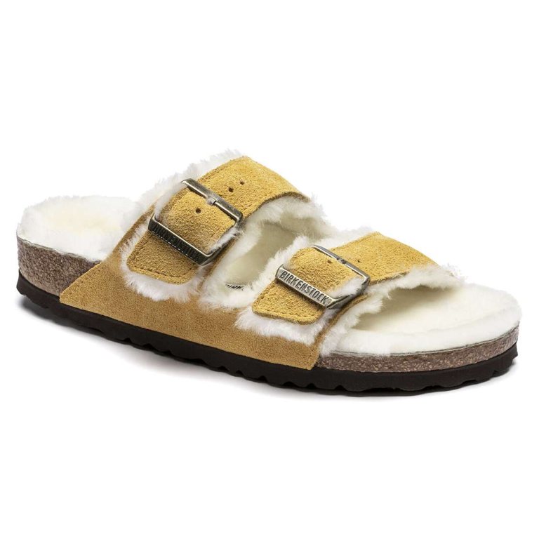 Beige Birkenstock Arizona Shearling Suede Leather Women's Two Strap Sandals | ECSGqKDmAHU