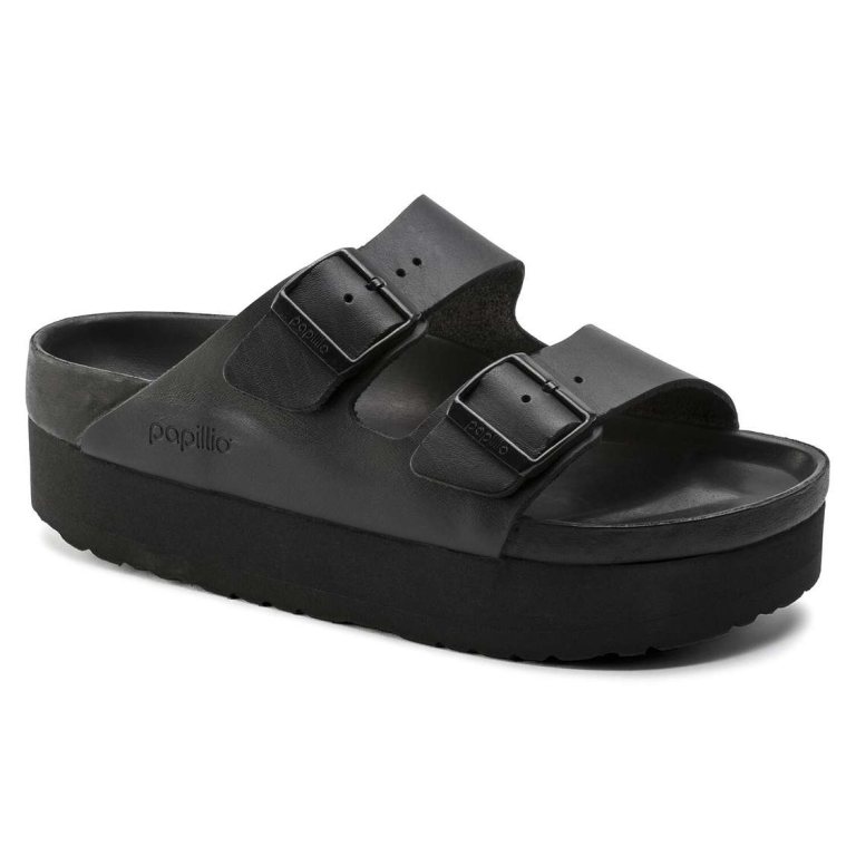 Black Birkenstock Arizona Platform Leather Women's Two Strap Sandals | jf2k1WPIoGA