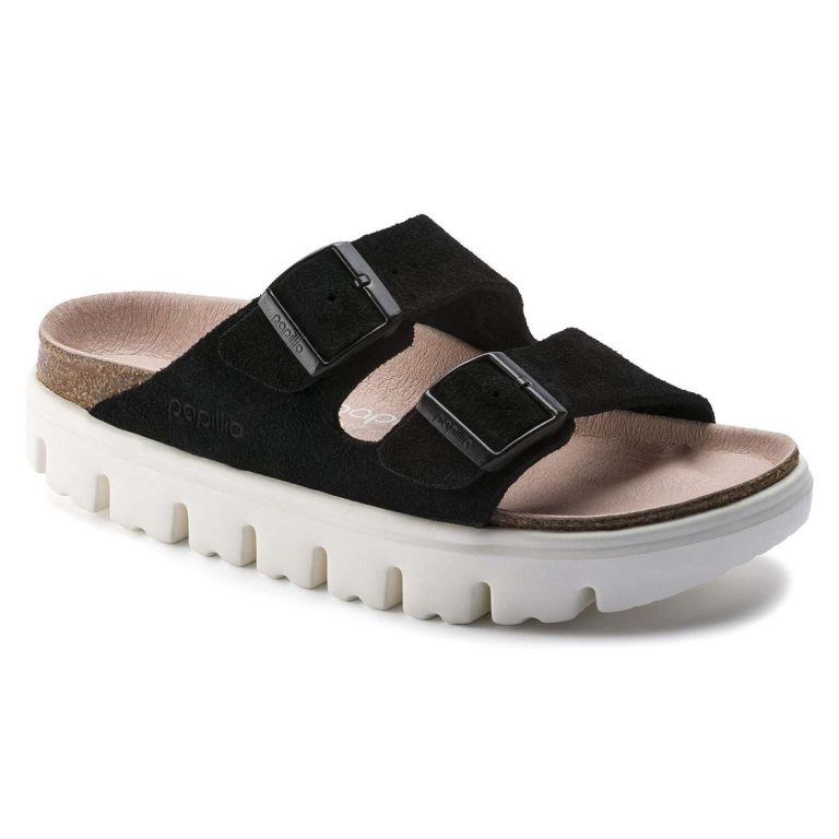 Black Birkenstock Arizona Platform Suede Leather Women's Two Strap Sandals | m9NhOKokWW6