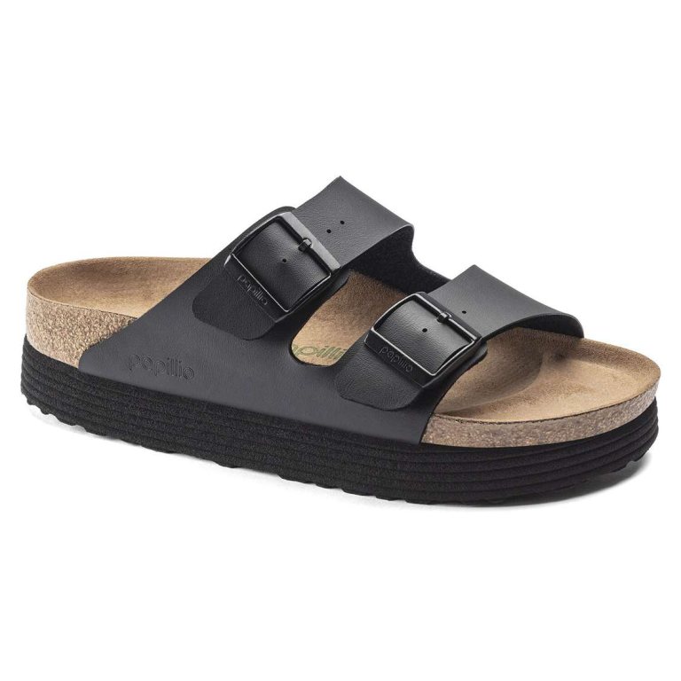 Black Birkenstock Arizona Platform Vegan Birko-Flor Women's Two Strap Sandals | LPlyn1UHyOi