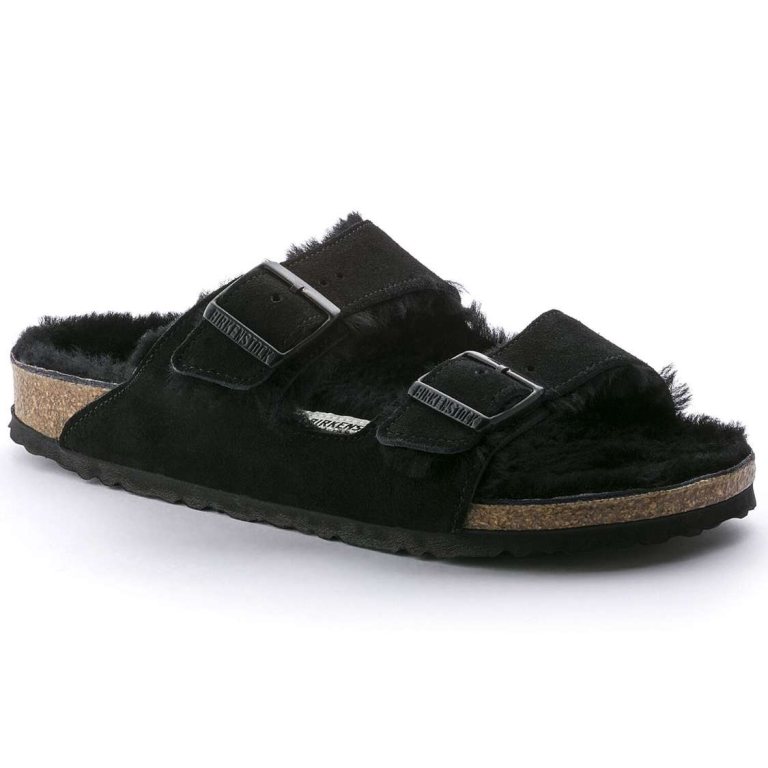 Black Birkenstock Arizona Shearling Suede Leather Women's Two Strap Sandals | uILCLsMO66n