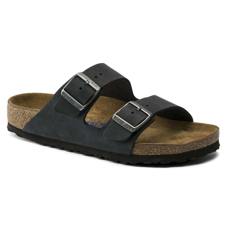 Black Birkenstock Arizona Soft Footbed Oiled Nubuck Leather Women's Two Strap Sandals | cHLe68eqrkn