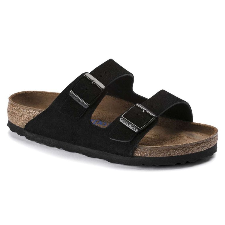 Black Birkenstock Arizona Soft Footbed Suede Leather Women's Two Strap Sandals | NBQamOrX9nA