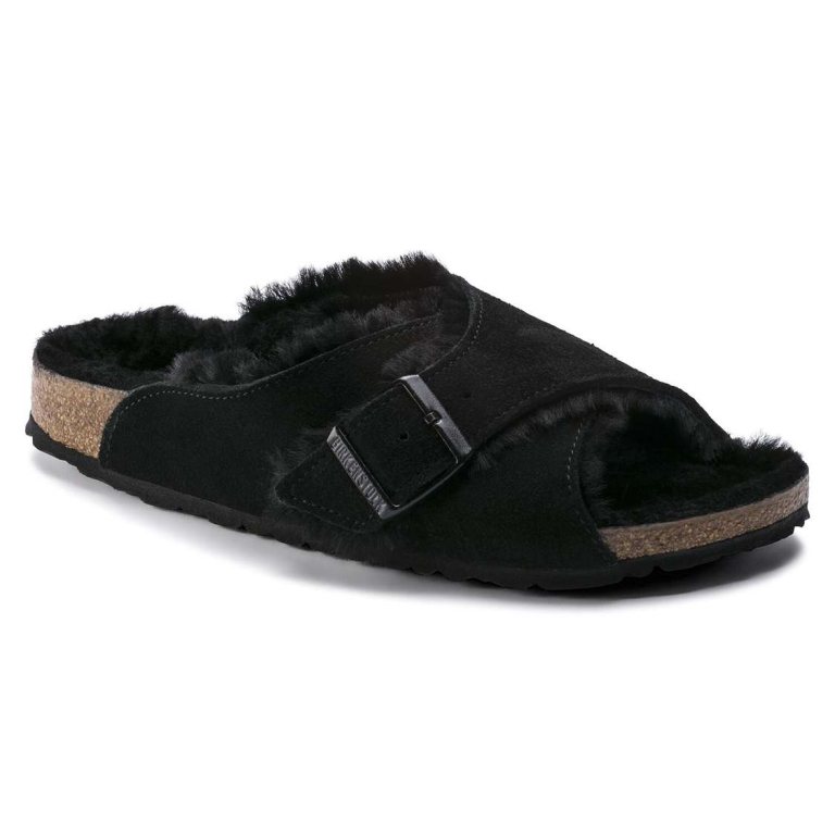 Black Birkenstock Arosa Shearling Suede Leather Women's Two Strap Sandals | hSHv3etz4qZ