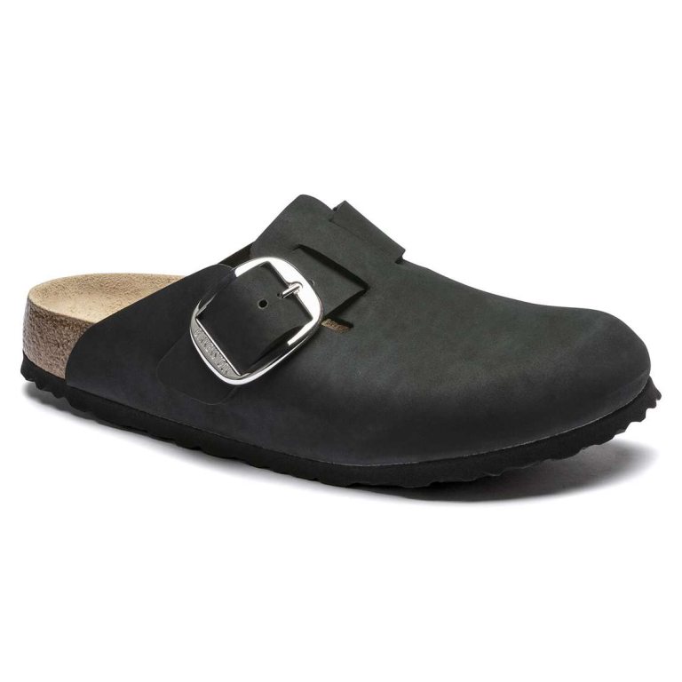 Black Birkenstock Boston Big Buckle Nubuck Leather Women's Clogs | kbtSmDqzSAl