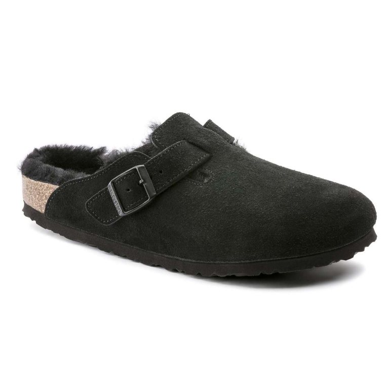 Black Birkenstock Boston Shearling Suede Leather Women's Clogs | 27UQILJoL4K