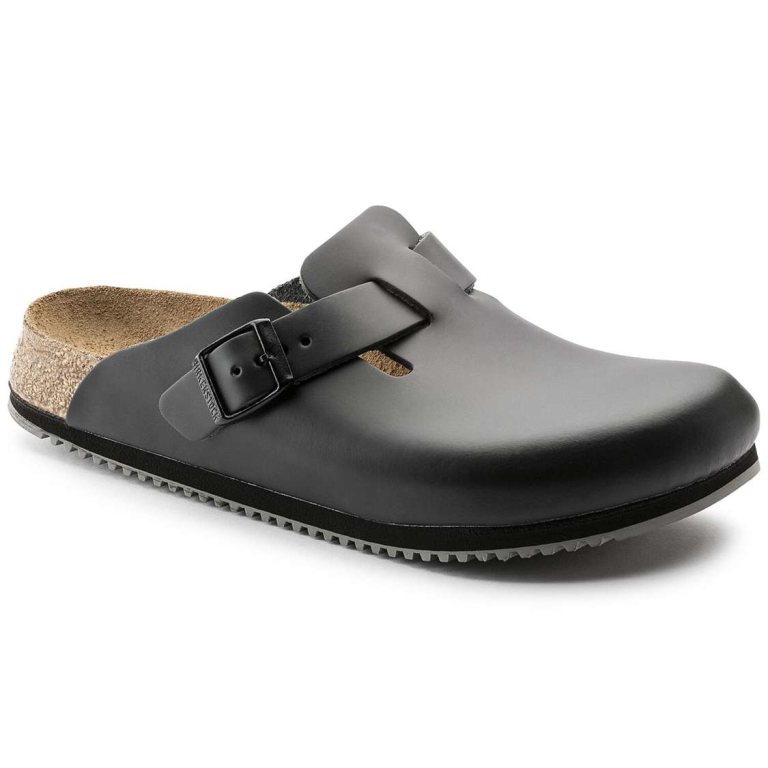 Black Birkenstock Boston Super Grip Leather Women's Clogs | jrodUweekvg