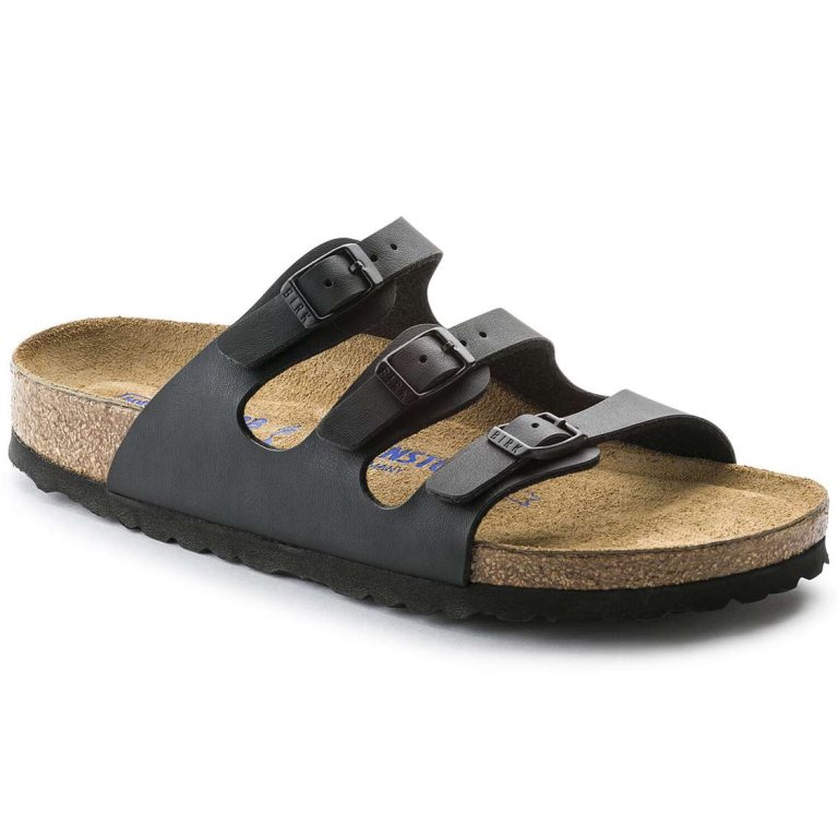 Black Birkenstock Florida Soft Footbed Birko-Flor Women's Multi Strap Sandals | jnEzwogO3oL