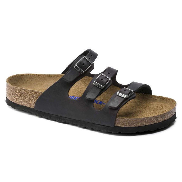 Black Birkenstock Florida Soft Footbed Oiled Leather Women's Multi Strap Sandals | DiqFpbxKbf7