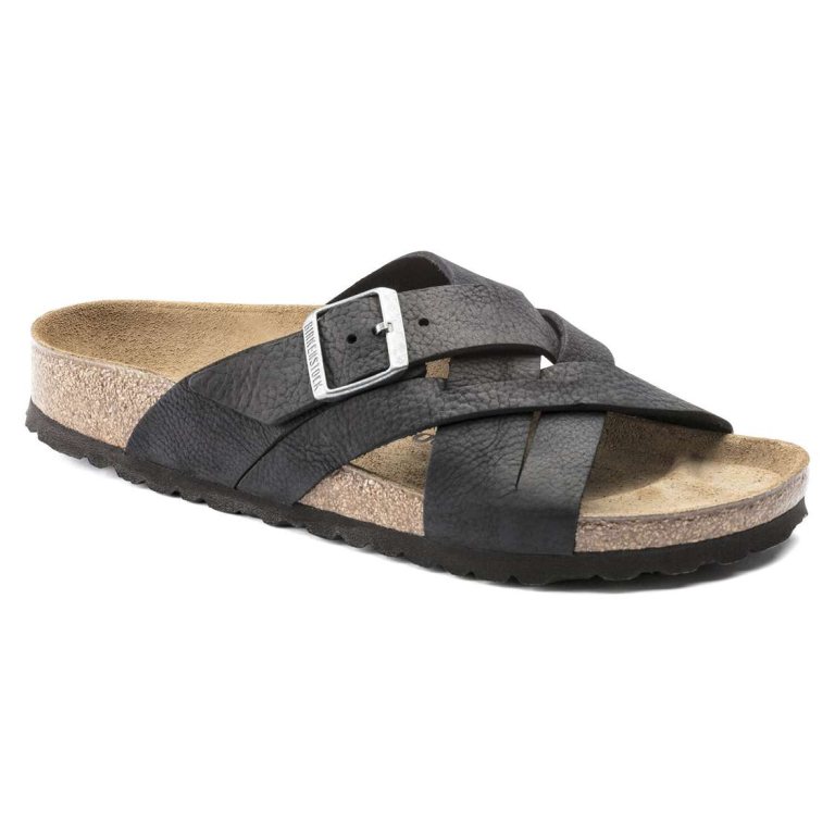 Black Birkenstock Lugano Oiled Leather Men's Two Strap Sandals | Cy1zSGSjR4W