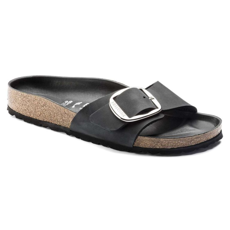 Black Birkenstock Madrid Big Buckle Oiled Leather Women's One Strap Sandals | P6n266WgJjP