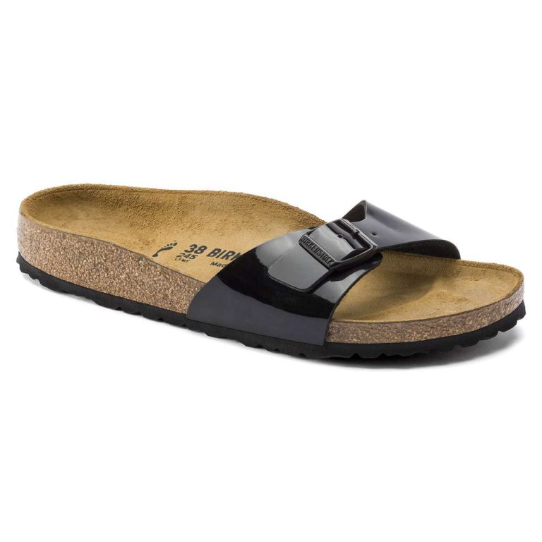 Black Birkenstock Madrid Birko-Flor Patent Women's One Strap Sandals | 4KqggXXy8y9