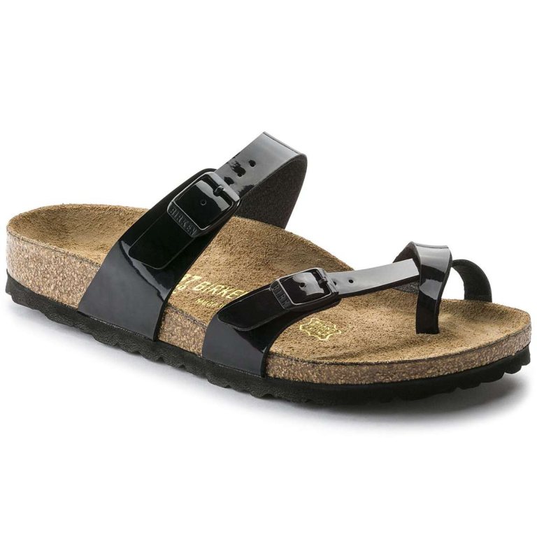 Black Birkenstock Mayari Birko-Flor Patent Women's Thong | FVxe2fbG8AW