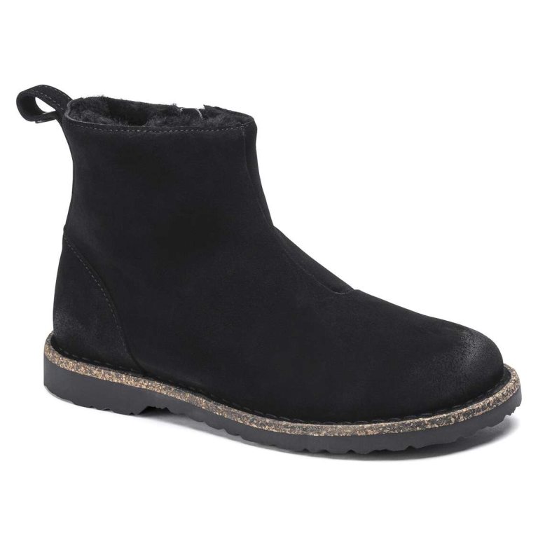 Black Birkenstock Melrose Shearling Suede Leather Women's Boots | qcZ4NZTd3IL