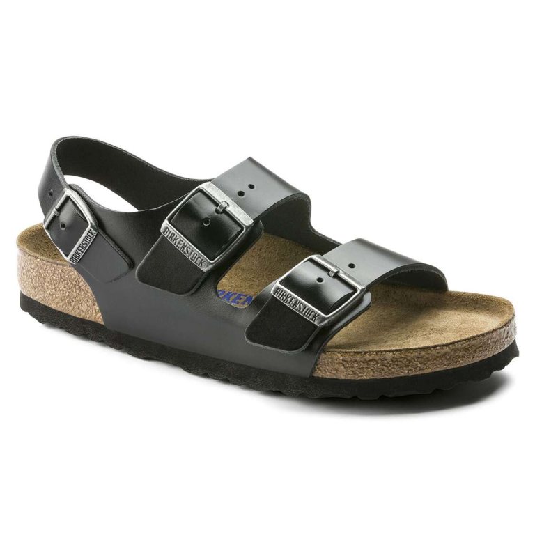 Black Birkenstock Milano Soft Footbed Smooth Leather Men's Back Strap Sandals | U6ASyhKp822