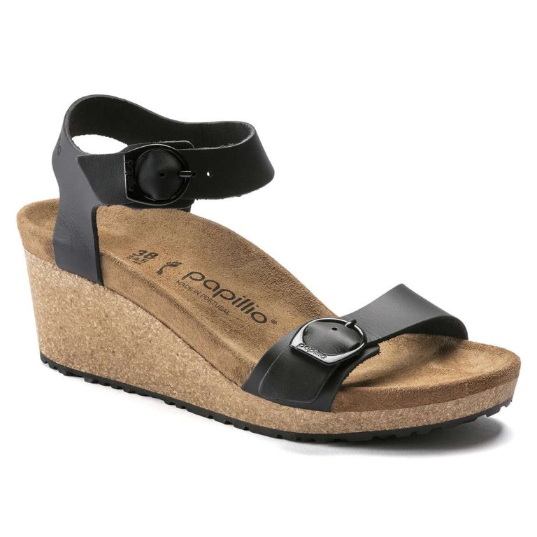 Black Birkenstock Soley Leather Women's Two Strap Sandals | FrQnBnHRRXE