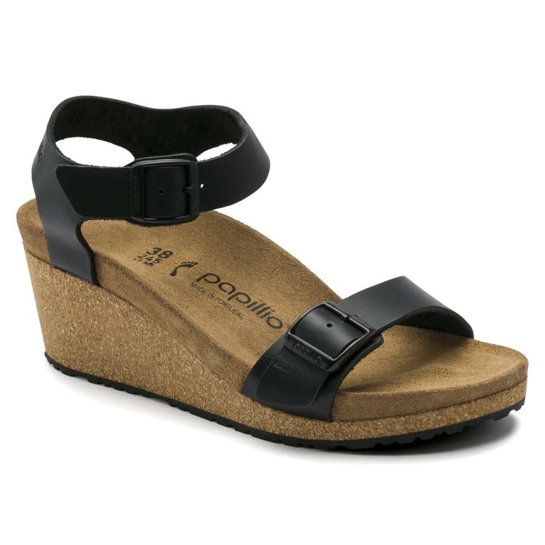 Black Birkenstock Soley Leather Women's Two Strap Sandals | vnLwlfpr4Ou