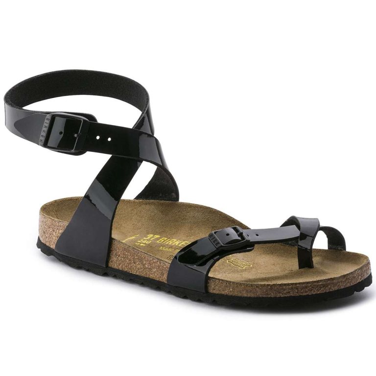 Black Birkenstock Yara Birko-Flor Patent Women's Multi Strap Sandals | ClVcnIVSK1H