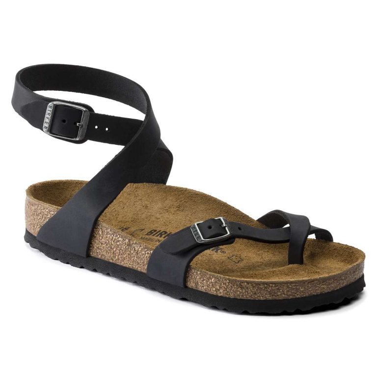 Black Birkenstock Yara Oiled Leather Women's Ankle Strap Sandals | M2IRvMaejps