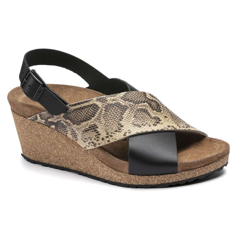 Black / Snake Beige Birkenstock Samira Embossed Leather Women's Two Strap Sandals | 8AnMahfwnWk