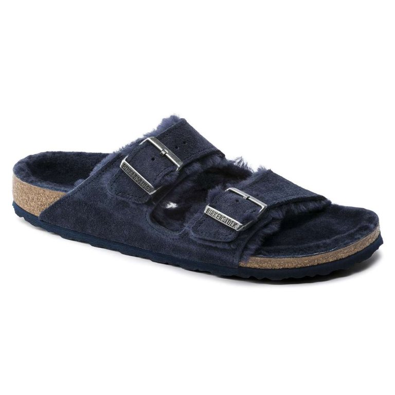 Blue Birkenstock Arizona Shearling Suede Leather Women's Two Strap Sandals | UHXgV6ncxJx