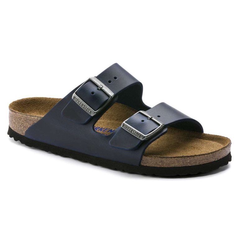 Blue Birkenstock Arizona Soft Footbed Oiled Nubuck Leather Men's Two Strap Sandals | DMIuYLJyram