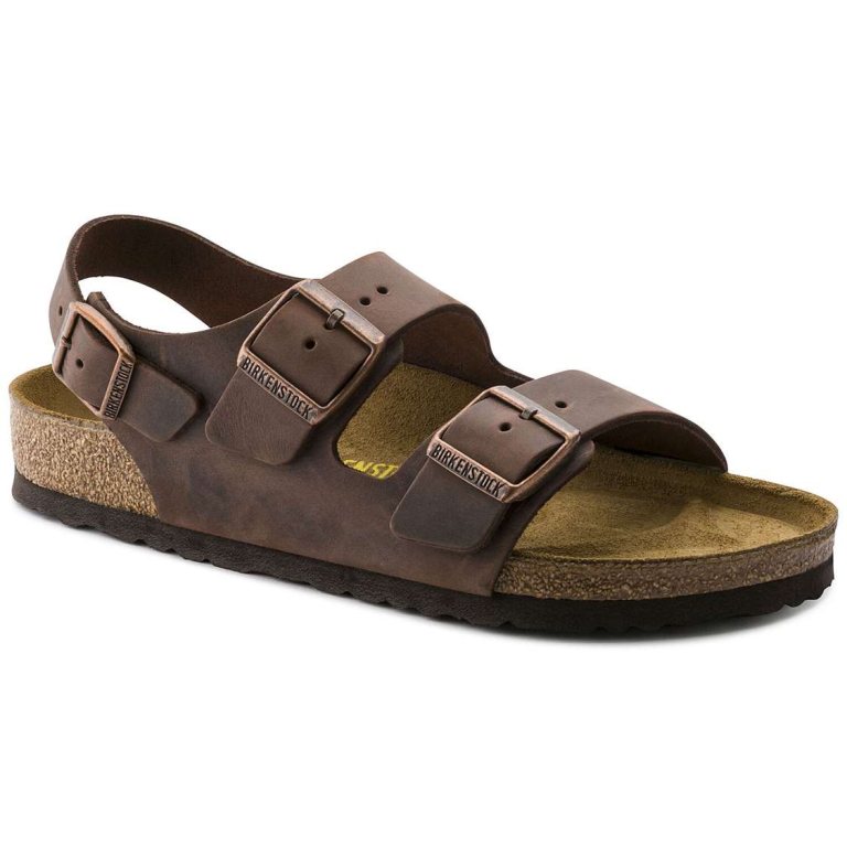 Brown Birkenstock Milano Oiled Leather Men's Two Strap Sandals | QsU86adeTxR