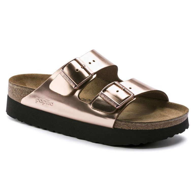 Copper Birkenstock Arizona Platform Leather Women's Two Strap Sandals | 2nSYLq8qrAz