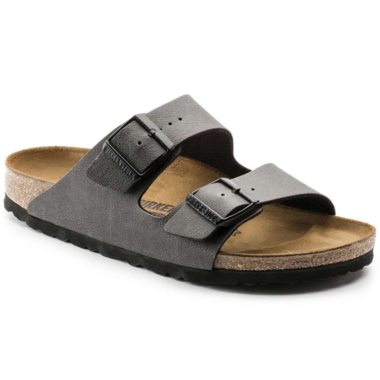 Dark Grey Birkenstock Arizona Birko-Flor Women's Two Strap Sandals | RJXrhAzUbAq