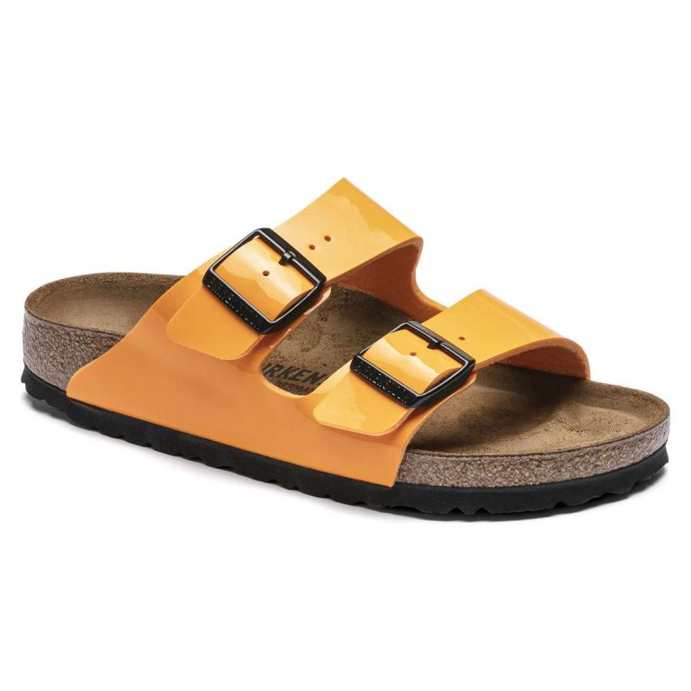 Gold Birkenstock Arizona Birko-Flor Patent Women's Two Strap Sandals | X1MUcuCyP1l