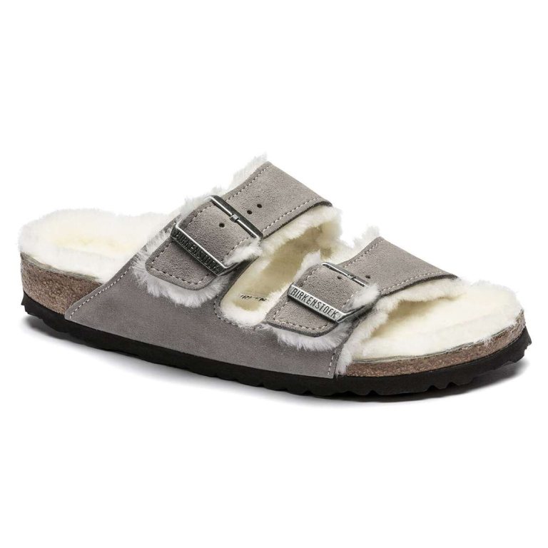 Grey Birkenstock Arizona Shearling Suede Leather Women's Two Strap Sandals | VacayVhfuEV