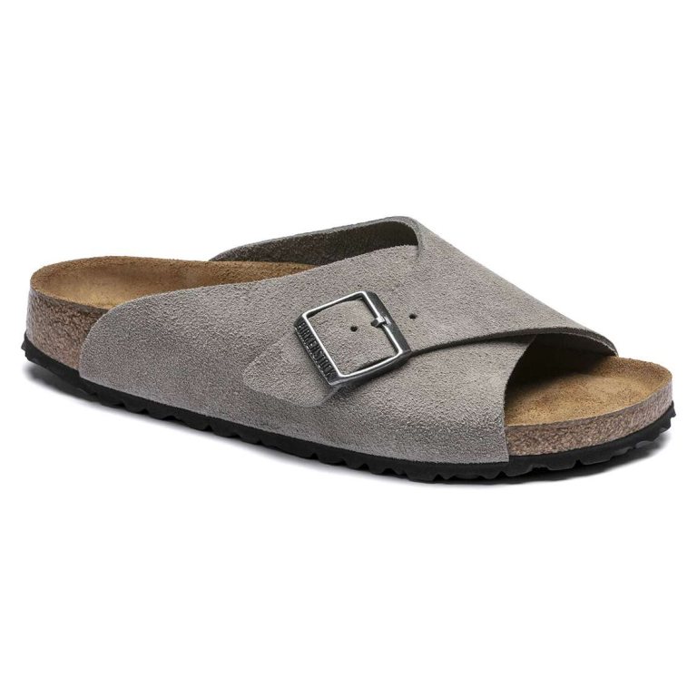 Grey Birkenstock Arosa Soft Footbed Suede Leather Women's Two Strap Sandals | Fls2umciyfB