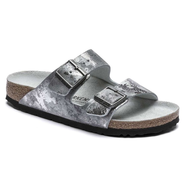 Grey Silver Birkenstock Arizona Suede Leather Women's Two Strap Sandals | gpUxBXsdEUd