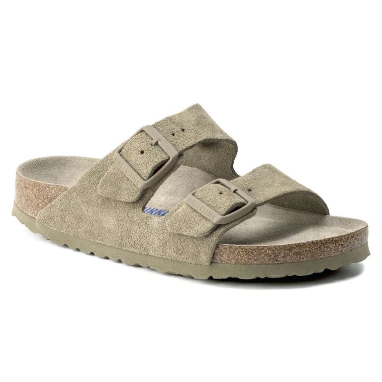 Khaki Birkenstock Arizona Soft Footbed Suede Leather Women's Two Strap Sandals | Fq9kTeIq4m2