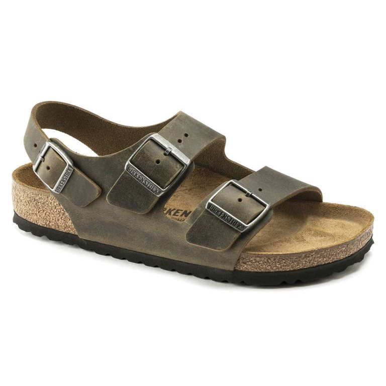 Khaki Birkenstock Milano Oiled Leather Men's Two Strap Sandals | TppaMjHGJm7