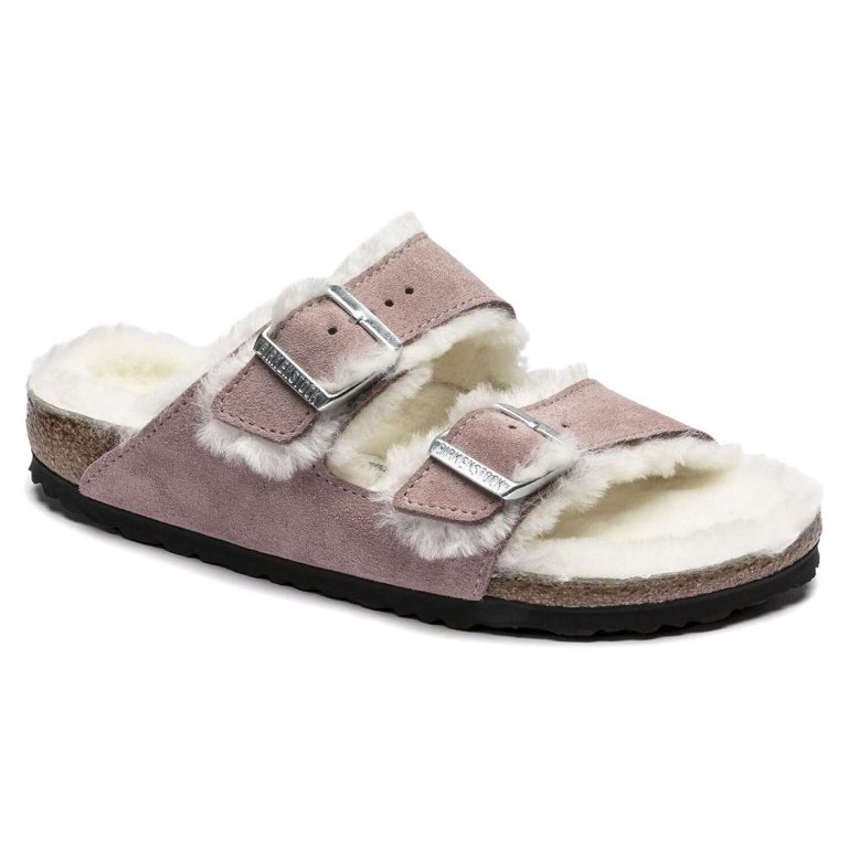 Lavender Birkenstock Arizona Shearling Suede Leather Women's Two Strap Sandals | xTgfG8Zv5Gb