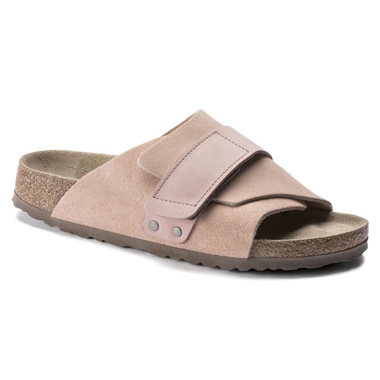 Pink Birkenstock Kyoto Soft Footbed Nubuck/Suede Leather Men's One Strap Sandals | 32wdxFEASQG