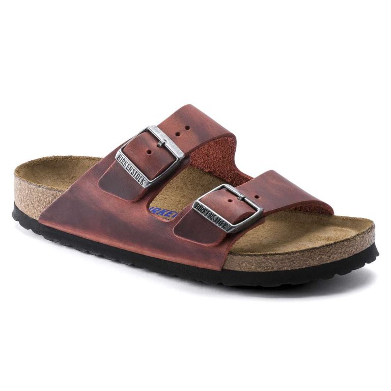 Red Birkenstock Arizona Soft Footbed Oiled Nubuck Leather Women's Two Strap Sandals | soVGA4ie25N