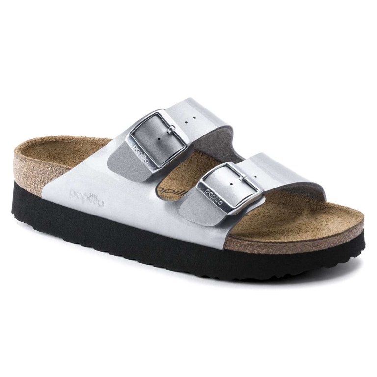 Silver Birkenstock Arizona Platform Birko-Flor Women's Two Strap Sandals | MD8Hi2iBkFU