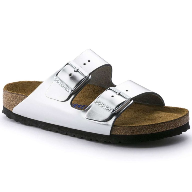 Silver Birkenstock Arizona Soft Footbed Leather Women's Two Strap Sandals | 5IRbt69BZAG