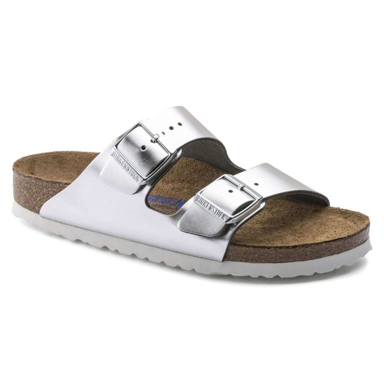 Silver Birkenstock Arizona Soft Footbed Leather Women's Two Strap Sandals | ViZeKc3T4fi