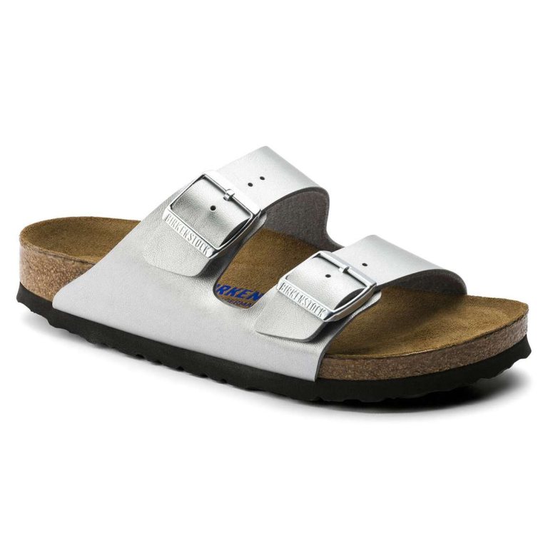 Silver Birkenstock Arizona Soft Footbed Birko-Flor Women's Two Strap Sandals | e2w1Jpcxafv