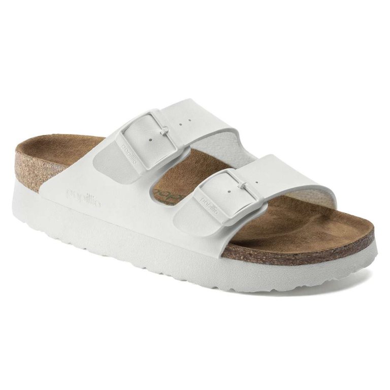 White Birkenstock Arizona Platform Vegan Birko-Flor Women's Two Strap Sandals | 9Wuap5cassN