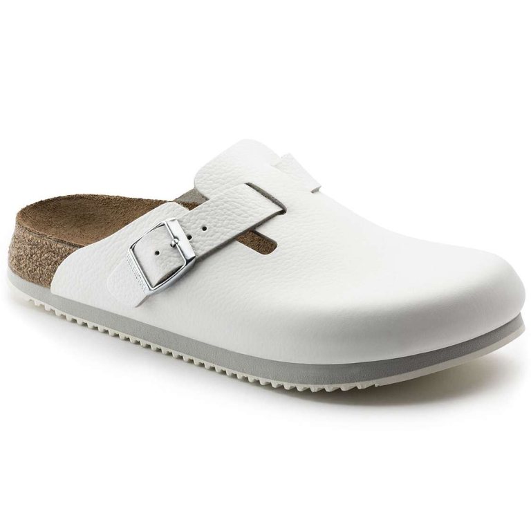 White Birkenstock Boston Super Grip Leather Men's Clogs | 2YZ6qcqrZAL