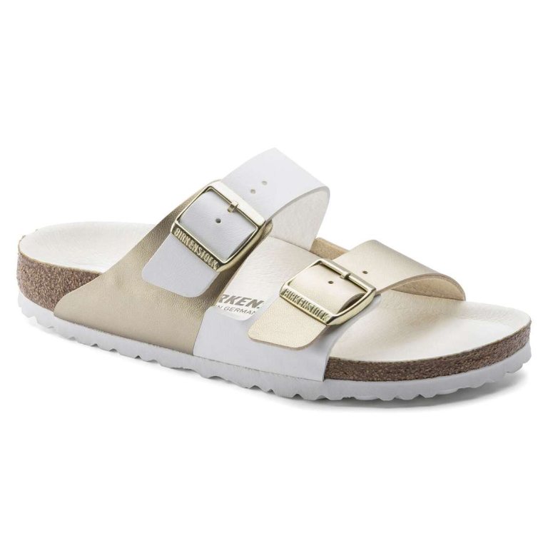 White / Gold Birkenstock Arizona Split Birko-Flor Women's Two Strap Sandals | q36fZHsJv1s