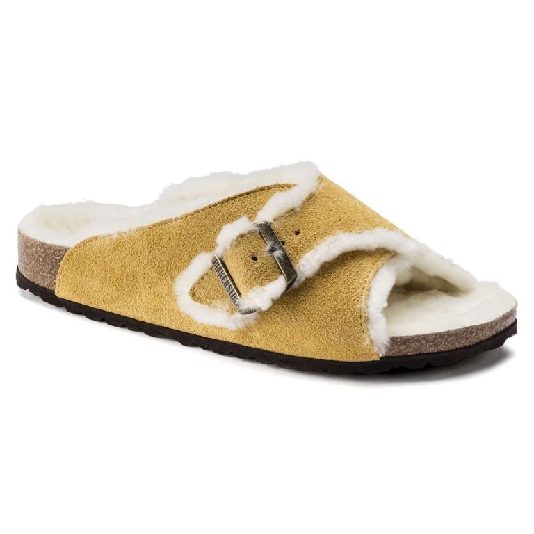 Yellow Birkenstock Arosa Shearling Suede Leather Women's One Strap Sandals | mhWkbADFzJc