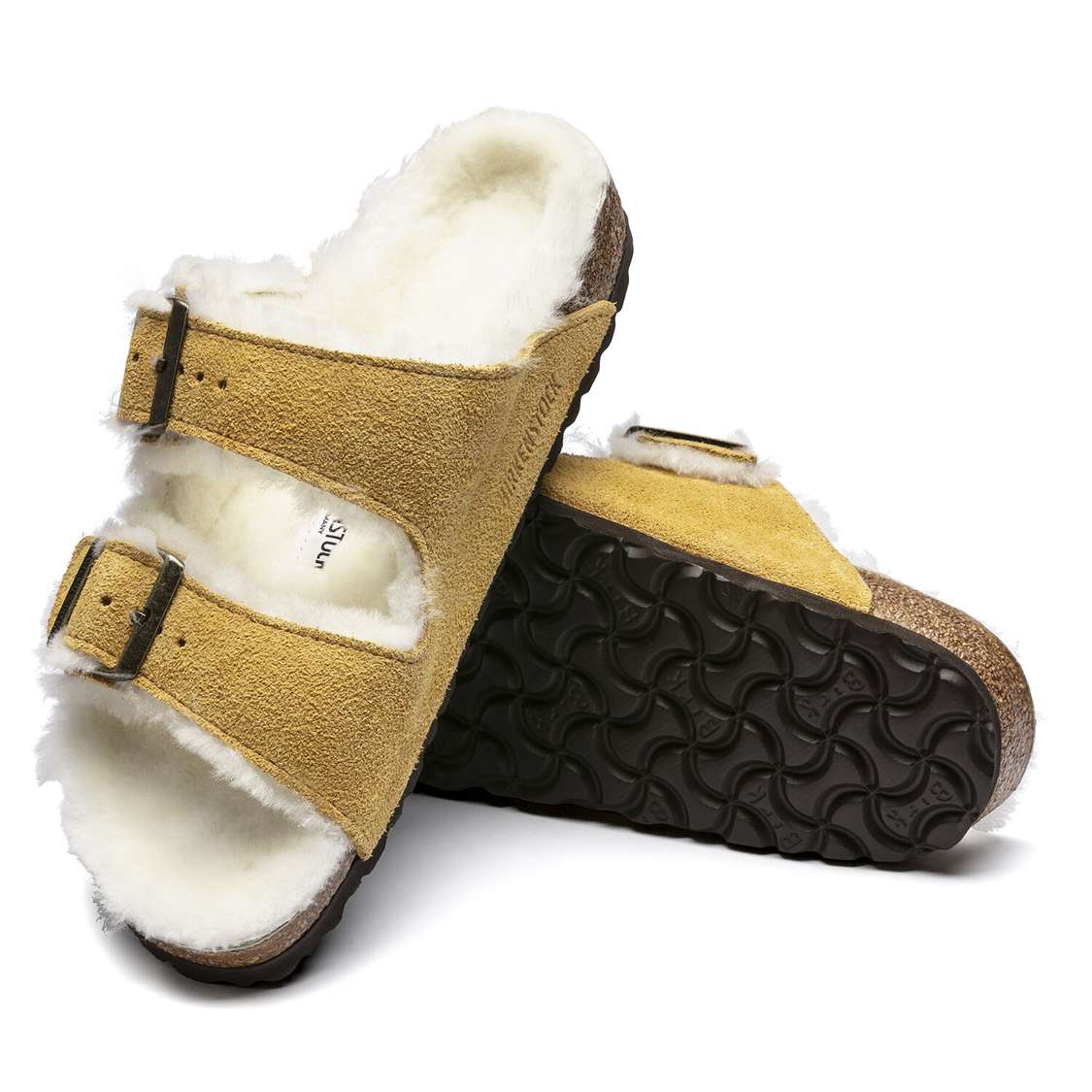 Beige Birkenstock Arizona Shearling Suede Leather Women's Two Strap Sandals | ECSGqKDmAHU